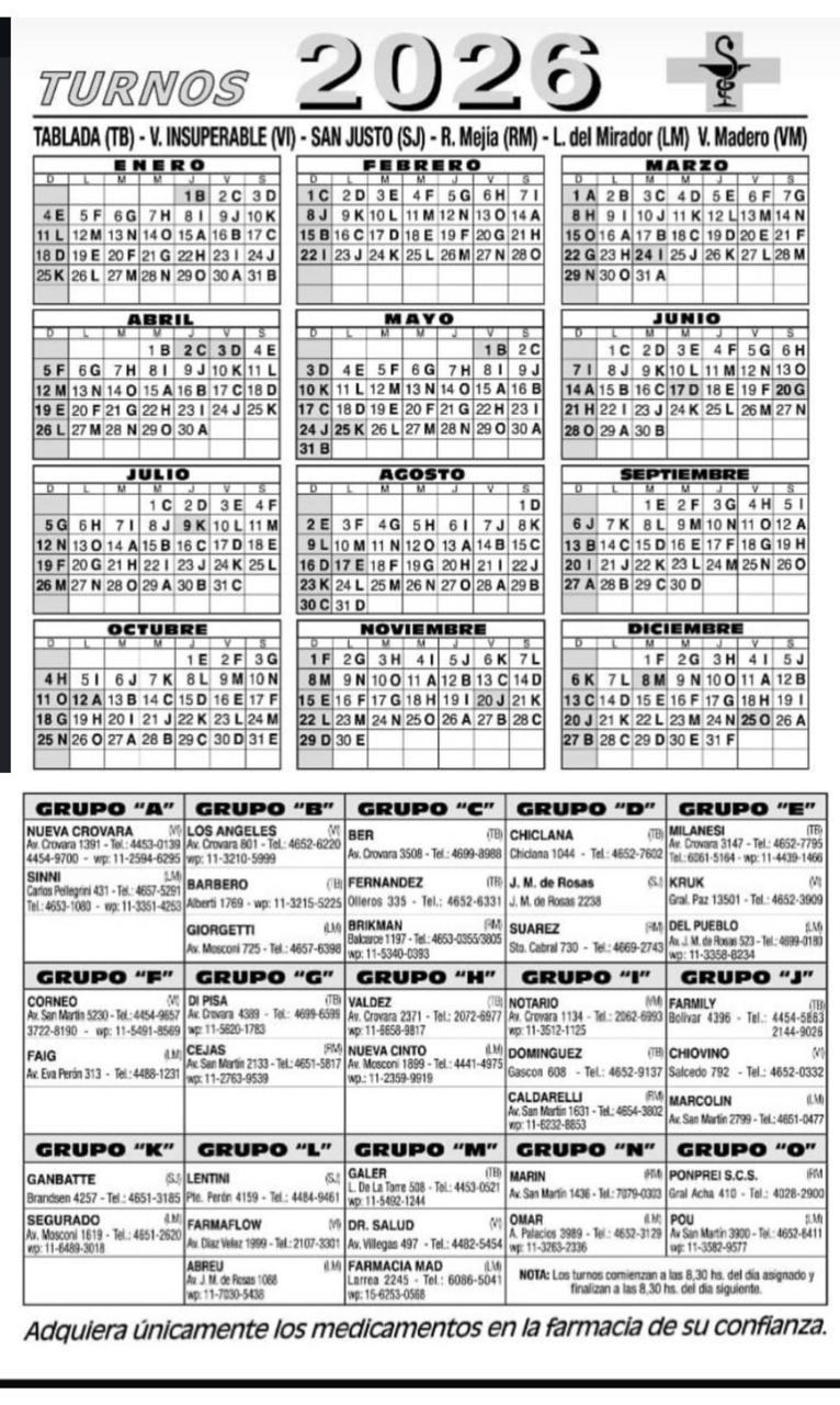 Calendario de turnos Farmacia 2026